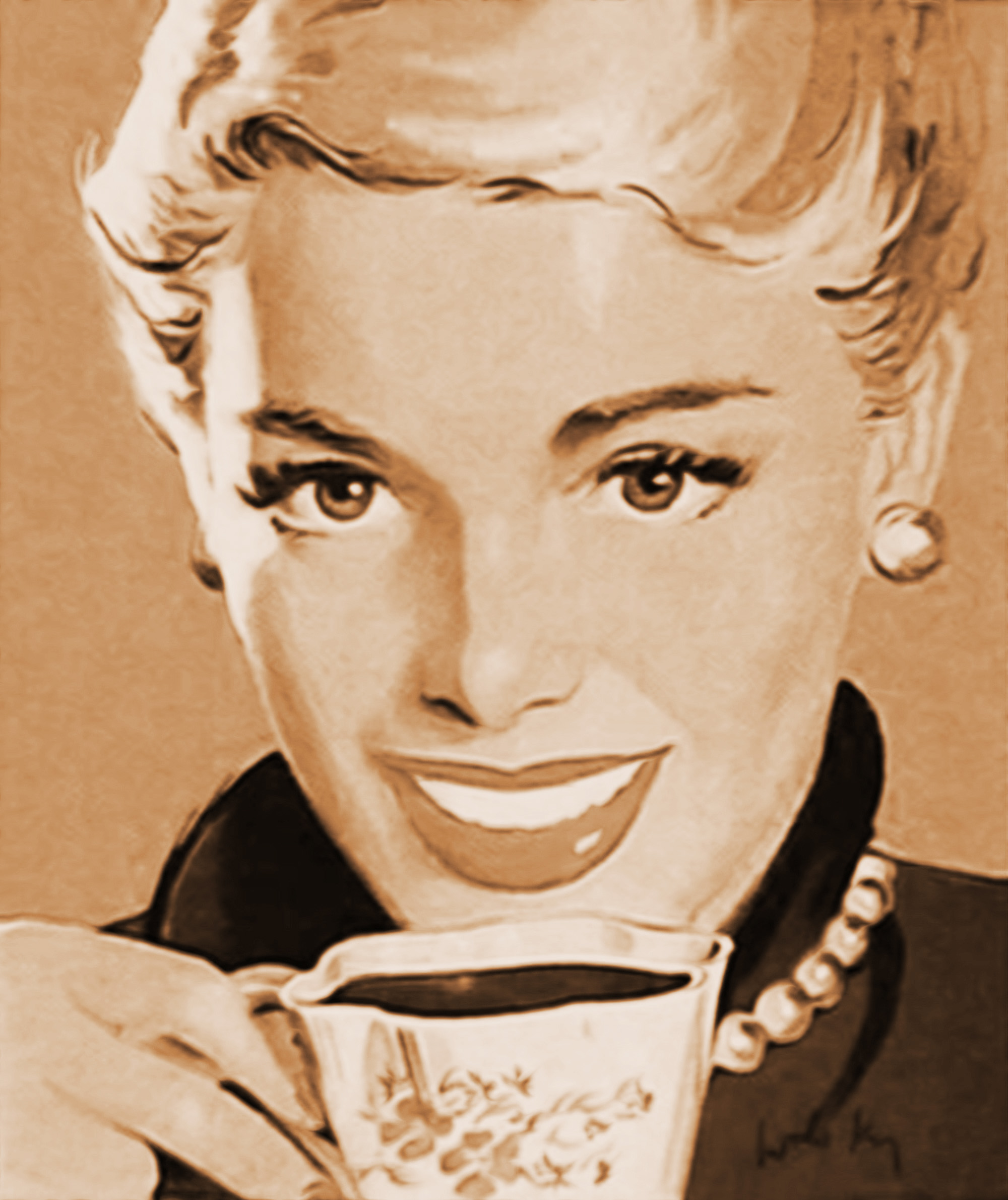 vintage 1960's illustration of a smiling, blonde woman drinking coffee
