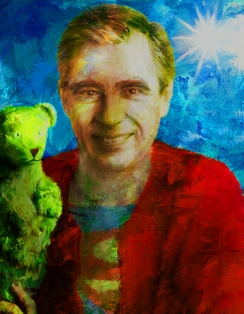 Digital painting of Mister Rogers with a hand puppet and a Superman 's' on his shirt.