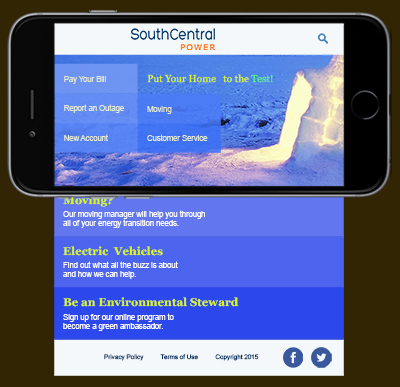 Revised South Central Power homepage, using 3-bucket layout. Landscape phone view.